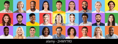 Collage de personnes diverses d'âges et de races différents sur des arrière-plans lumineux, panorama. Concept de société diversifiée Banque D'Images