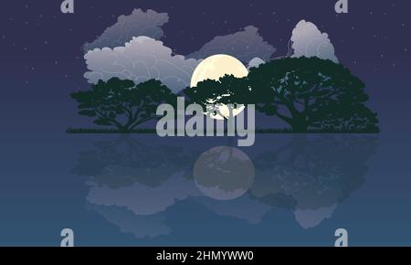 Pleine lune dans le ciel nocturne avec des étoiles et des nuages au-dessus des arbres et de l'étang reflétant l'arrière-plan des étoiles. Paradis sombre avec lumière de lune romantique fantasy mignigh Illustration de Vecteur