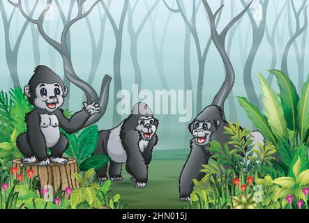 Un groupe de gorilles dans une forêt avec des branches d'arbre sèches arrière-plan Illustration de Vecteur