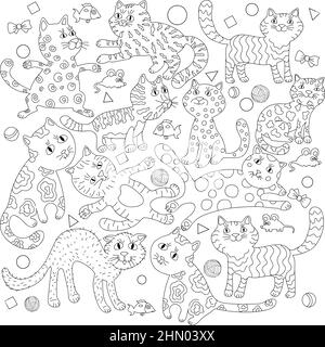 Page de coloriage anti-stress pour chiens cats mignons. Page de coloriage pour adultes et enfants Illustration de Vecteur