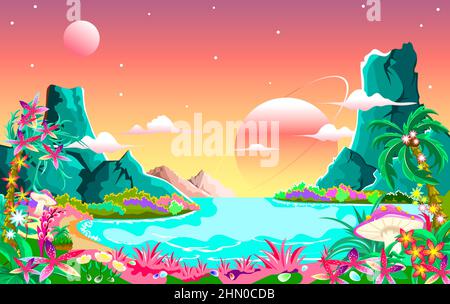 Paysage de dessins animés avec diverses plantes et fleurs. Bord de mer. Baie entourée de montagnes. Les nuages et les planètes sont visibles dans le ciel rose. Illustration de Vecteur