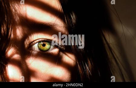 Une fille avec des yeux verts regardant l'appareil photo. Les ombres des stores de fenêtre sont visibles sur son visage. Banque D'Images