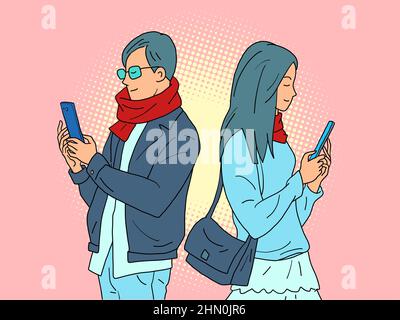 un couple d'un homme et d'une femme avec des téléphones, la dépendance sur les réseaux sociaux en ligne Illustration de Vecteur