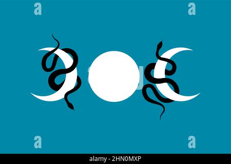 Magic mystique Triple Lune et serpents, phases de la Lune. Géométrie sacrée, symbole de la déesse céleste païenne de la wiccan. Signe de bannière de la lune du croissant, SIGNE de l'énergie Illustration de Vecteur