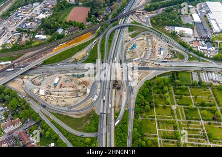 Vue aérienne, chantier de construction dû à l'extension A43, sortie d'autoroute Herne, autoroute A42, autoroute A43, Baukau-West, Herne, région de la Ruhr, Rhénanie-du-Nord-Ouest Banque D'Images