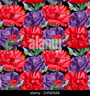 Motif sans couture avec des coquelicots rouges et violets sur fond noir. Collection d'éléments décoratifs à motif fleuri. Fleurs, bourgeons et feuilles dessinés à la main Banque D'Images