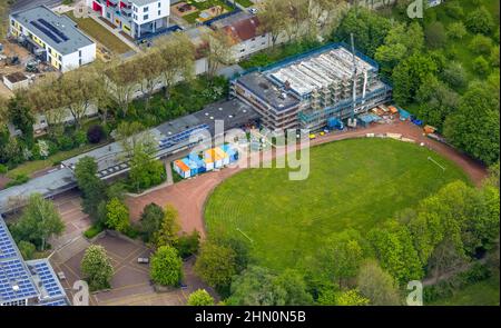 Photographie aérienne, Otto-Hahn-Gymnasium avec chantier piscine intérieure, Sodingen, Herne, région de la Ruhr, Rhénanie-du-Nord-Westphalie, Allemagne, const Banque D'Images