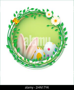 Bonne bannière Pâques. Composition printanière dans un cadre rond, oreilles de lapin, oeufs de Pâques, feuilles et fleurs. Place pour votre texte. Vecteur Illustration de Vecteur