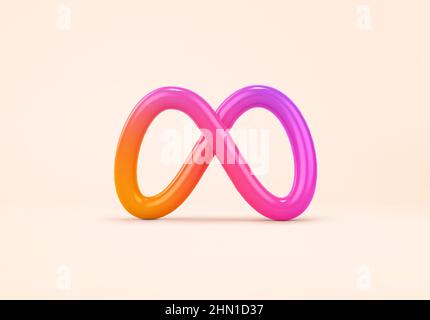 Valencia, Espagne - février 2022 : Isola Meta, nouveau Facebook, logo avec instagram couleur en 3D rendu. Meta est une société de médias sociaux basée sur Metaver Banque D'Images