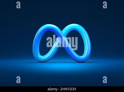 Valence, Espagne - février 2022 : icône du logo Meta isolé en 3D rendu. Meta, rebrand of Facebook, est une société de médias sociaux qui se concentre sur le métaver social Banque D'Images