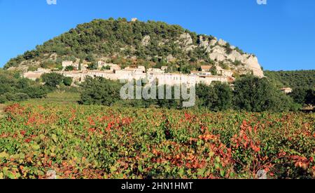 Le village de Séguret parmi les vignes aux couleurs de l'automne, Provence. Banque D'Images