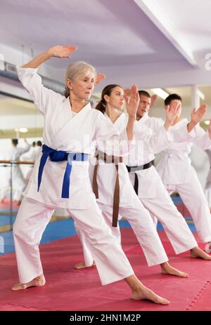 Femme âgée pratiquant des coups de poing pendant l'entraînement d'arts martiaux de groupe Banque D'Images