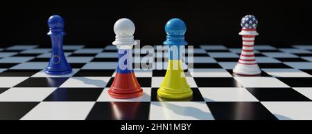 Russie contre Ukraine, crise. Drapeau ukrainien, russe, européen et américain sur une pièce d'échecs sur fond de chessboard. Négociation, accord.3D rendre Banque D'Images