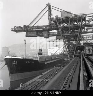 1950s, navire-conteneur historique, Orelia, amarré aux quais flottants, Port Talbot, Glamorgan, pays de Galles, Royaume-Uni. Le porte-minerai a été construit en 1954 par William Gray & Co à West Hartlepool, en Angleterre, au Royaume-Uni. Banque D'Images