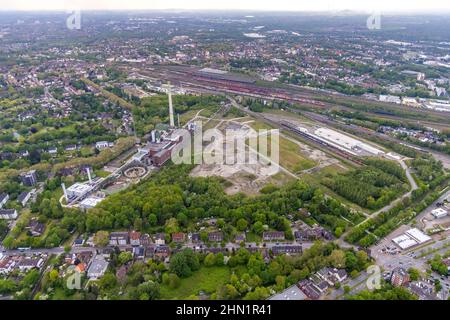 Vue aérienne, chantier nouvelle branche de bâtiment Stadler Schienfahrzeuge, ancien site minier général Blumenthal, ancienne centrale électrique de la société uniper Shamrock, Banque D'Images