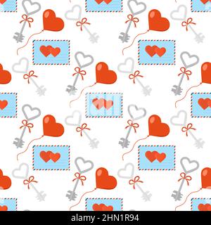 Motif vectoriel sans coutures Happy Valentine's Day. Touches d'illustration, enveloppe avec lettre d'amour, ballons en forme de coeur. Carte de Saint-Valentin. Romantique, relati Illustration de Vecteur