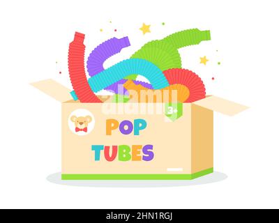 Insérez les tubes dans la boîte. Jouets sensoriels chichildish en plastique coloré, tuyaux ondulés souples antistress, formes différentes pliées dans un contenant en carton Illustration de Vecteur