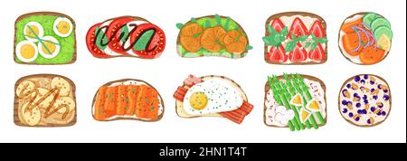 Vue de dessus des sandwichs. Diverses combinaisons de produits sur des tranches de pain, des œufs, du bacon et des légumes, différentes garnitures toasts. Petit déjeuner en-cas doux et Illustration de Vecteur