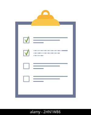 Presse-papiers avec liste de contrôle avec coche verte et stylo. Liste de contrôle sur le bloc-notes. Concept de l'enquête, du quiz, de la liste des tâches ou de l'accord. Illustrateur de vecteur Illustration de Vecteur