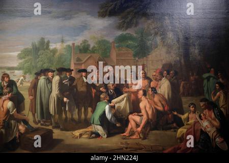 La peinture à l'huile Penn's Treaty with the Indians (1771-72) de l'artiste américain Benjamin West (1738-1820) s'affiche à l'Académie des Beaux-Arts de Pennsylvanie. Philadelphia.Pennsylvania.USA Banque D'Images
