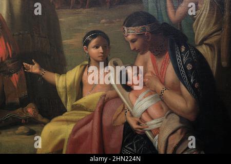 Une vue détaillée de la peinture à l'huile Penn's Treaty with the Indians (1771-72) par l'artiste américain Benjamin West (1738-1820) exposé dans Pennsylvania Academy of the Fine Arts.Philadelphia.Pennsylvania.USA Banque D'Images