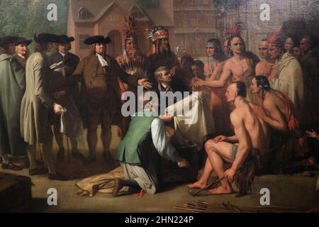 La peinture à l'huile Penn's Treaty with the Indians (1771-72) de l'artiste américain Benjamin West (1738-1820) s'affiche à l'Académie des Beaux-Arts de Pennsylvanie. Philadelphia.Pennsylvania.USA Banque D'Images