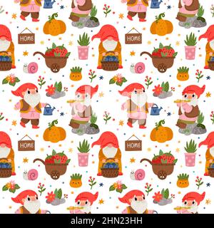 Joli jardin gnomes motif sans couture. Drôle petit barbu hommes. Fleurs, plantes, escargots et légumes, charrettes avec baies, fond vectoriel. Décor Illustration de Vecteur