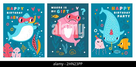 Cartes de voeux pour fête d'anniversaire à motif requin mignonne. Créatures de l'océan amusantes. Bande dessinée personnages de poissons marins avec accessoires de vacances. Aquatique sous l'eau Illustration de Vecteur