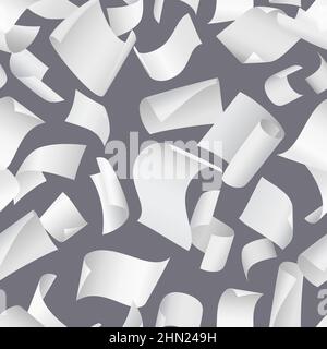 Papier volant motif sans couture. Bureau incurvé, isolé et réaliste, feuilles vierges vides, carnet blanc gondolé, les pages propres flottent librement dans l'espace, chaotique Illustration de Vecteur