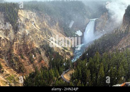 Tempête de neige estivale au-dessus de Lower Falls, Yellowstone Grand Canyon et rivière, parc national de Yellowstone, Wyoming, États-Unis Banque D'Images