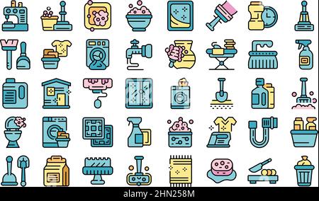 Les icônes des professions de ménage définissent le vecteur de contour.Nettoyer la surface.Hygiène sanitaire Illustration de Vecteur