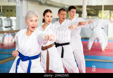 Femme âgée pratiquant des coups de poing pendant l'entraînement en groupe d'arts martiaux Banque D'Images