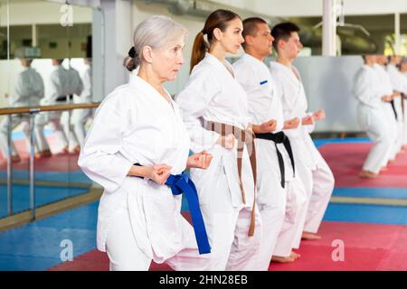 Femme âgée pratiquant des coups de poing pendant l'entraînement d'arts martiaux de groupe Banque D'Images