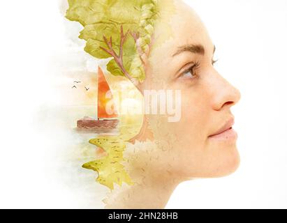 Portrait de profil d'une femme combiné à un tableau.Peinture. Banque D'Images