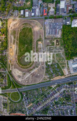 Photographie aérienne de l'ancien circuit de course d'attelages dans le district de Hillerheide, projet ISEK Living by the Water, développement du district de Hillerheide c Banque D'Images