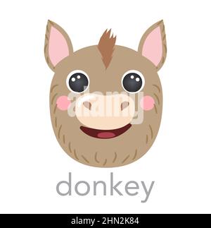 Âne mignon portrait avec le nom texte sourire tête dessin animé forme ronde visage animal, avatar isolé vecteur icônes illustrations sur fond blanc. Plat simple dessiné à la main pour enfants poster, t-shirts, bébé Illustration de Vecteur