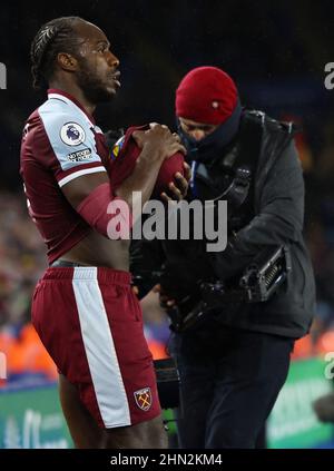 Leicester, Angleterre, le 13th février 2022. Michail Antonio, de West Ham, s'est Uni lors du match de la Premier League au King Power Stadium, Leicester. Crédit photo à lire: Darren Staples / Sportimage crédit: Sportimage / Alay Live News Banque D'Images