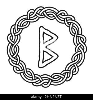 Rune Berkana dans un cercle - un ancien symbole ou signe scandinave, amulet. Écriture Viking. Illustration vectorielle dessinée à la main pour sites Web, jeux, Illustration de Vecteur