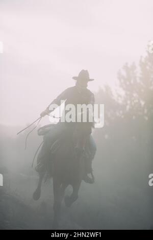 Cow-boy à l'aube, il fait monter son cheval. Wyoming, États-Unis Banque D'Images
