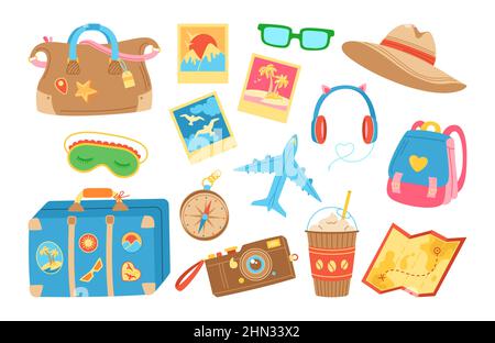 Ensemble de lignes dessinées de voyage ou de vacances. Appareil photo vintage, masque de sommeil, casque de valise à bagages, design tendance avion. Lunettes de soleil d'été chapeau, plat de vacances kit de Doodle journal souvenir album Illustration de Vecteur