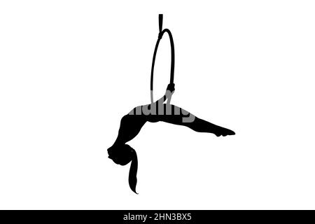 Silhouette de gymnaste femelle aérienne en cerceau.Cascades de gymnastique aérienne.Illustration vectorielle isolée sur fond blanc Illustration de Vecteur