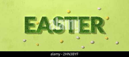 Pâques. Herbe à ressort verte en forme de texte. Bannière festive avec œufs de pâques sur fond vert. Modèle créatif. 3D illustration. Banque D'Images