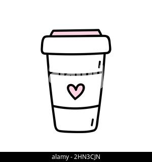 Une tasse de café mignonne pour être isolée sur fond blanc. Illustration vectorielle dessinée à la main, style doodle. Parfait pour les motifs, cartes, logos et décorations de la Saint-Valentin. Illustration de Vecteur