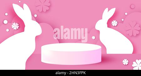 Joyeux lapin de Pâques. 3D scène de podium ou piédestal sur bg rose avec lapin coupé en papier, nuage et fleur. Motif Pâques tendance. Style moderne de coupe de papier Illustration de Vecteur