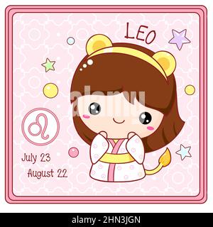 Signe de zodiaque Leo caractère dans le style kawaii. Mignonne chibi petite fille dans un kimono. Carte carrée avec symbole Zodiac, date de naissance et dessin animé pour bébé fille. Vect Illustration de Vecteur