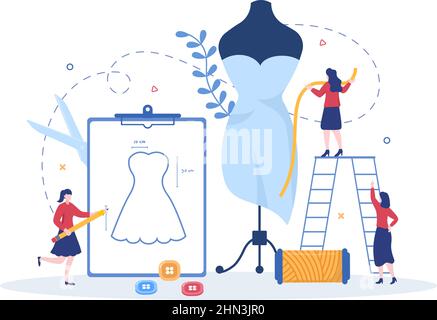 Tailleur avec couture, tissu, coussin à broche, fils, Fashion Designer, Couturière, ciseaux et mesure pour faire des vêtements sur fond plat Illustration Illustration de Vecteur