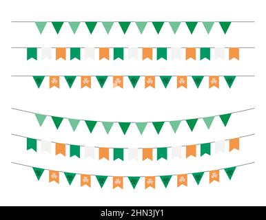 Drapeaux de fête de St Patrick isolés. Ensemble vectoriel de boutures et de guirlandes de vacances traditionnelles de Saint Patrick. Collection de décorations irlandaises festives. Illustration de Vecteur