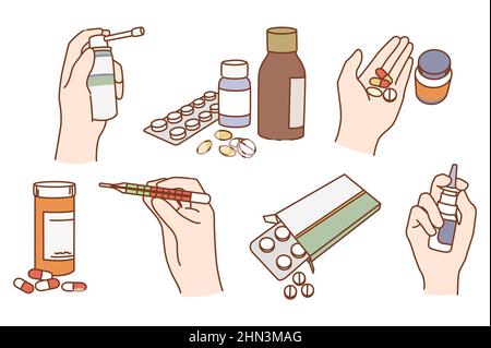 Ensemble de divers médicaments pour soulager les symptômes de la maladie. Collecte de pilules et de médicaments, de sirop et de spray pour les malades ou malades. Concept de médecine et de soins de santé. Illustration vectorielle plate. Illustration de Vecteur