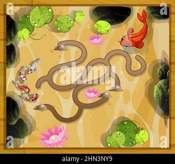 Modèle de jeu de labyrinthe avec poissons koï dans l'illustration de l'étang Illustration de Vecteur