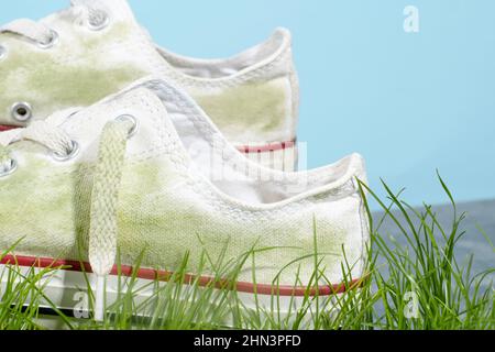 Chaussures décontractées avec taches d'herbe. Concept de taches quotidiennes. Espace pour le texte. Isolé sur fond bleu. . Photo de haute qualité Banque D'Images